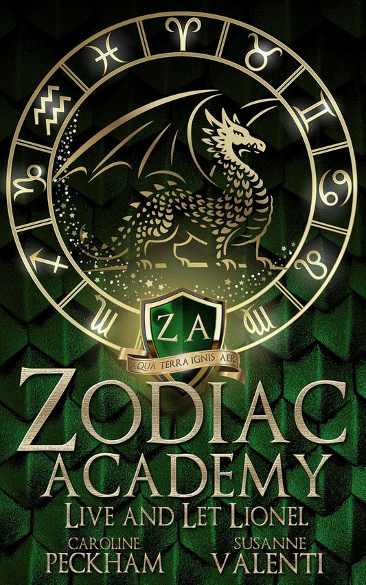 Book cover of 'Zodiac Academy' with a dragon emblem and zodiac symbols.