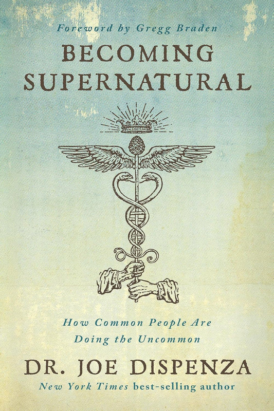Book cover of 'Becoming Supernatural' by Dr. Joe Dispenza with a symbol and text on a blue and beige background.