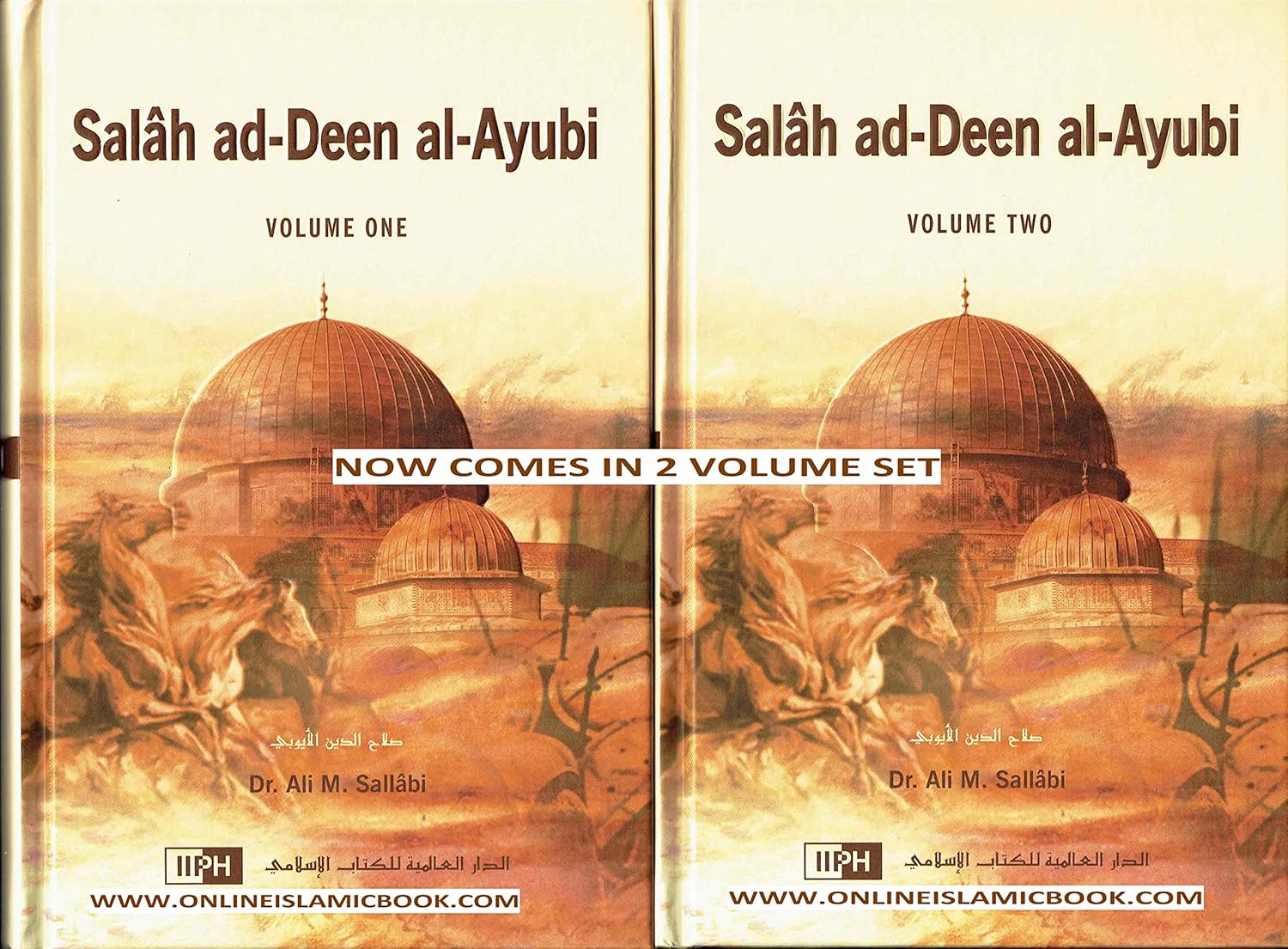 Two volumes of 'Sal§¥h ad-Deen al-Ayubi' with a domed building in the background.