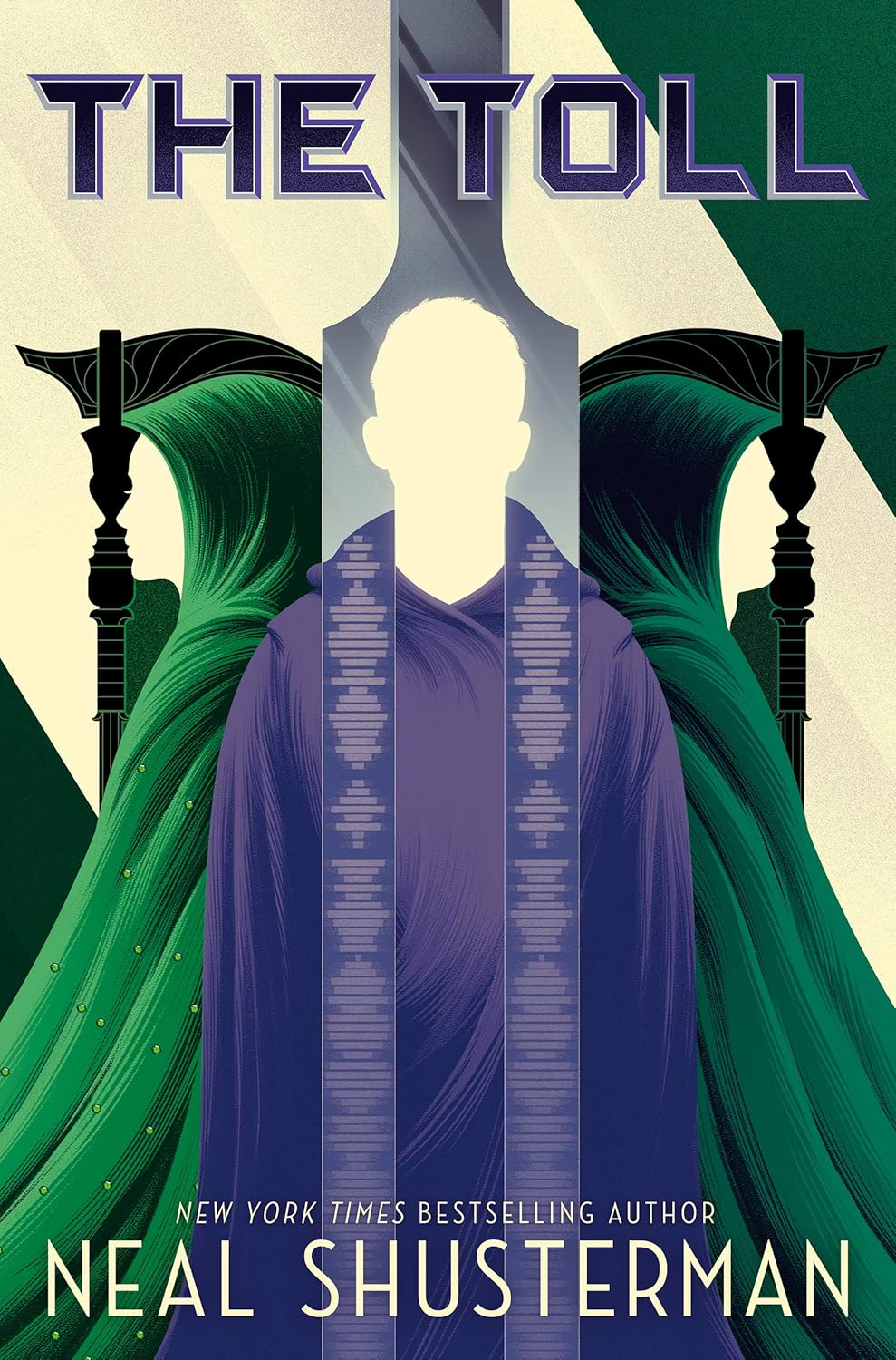 Book cover of 'The Toll' by Neal Shusterman with a silhouette in purple robe and green cloaks.