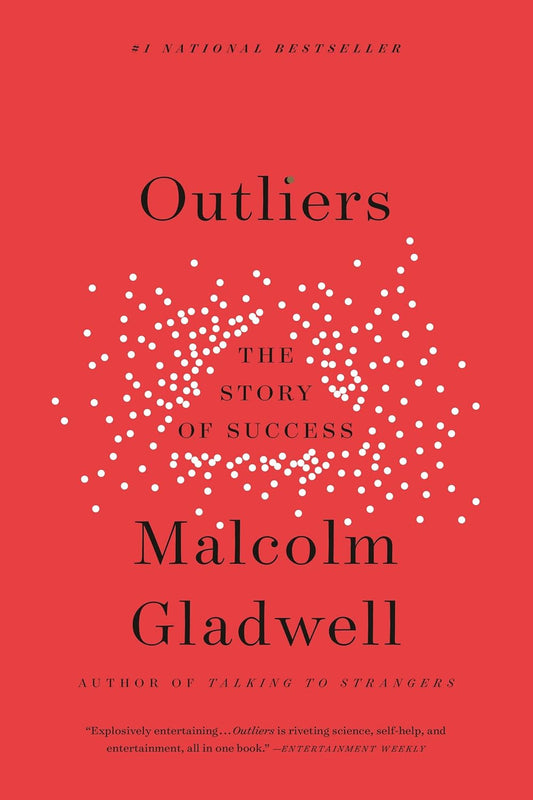 Book cover of 'Outliers' by Malcolm Gladwell on a red background