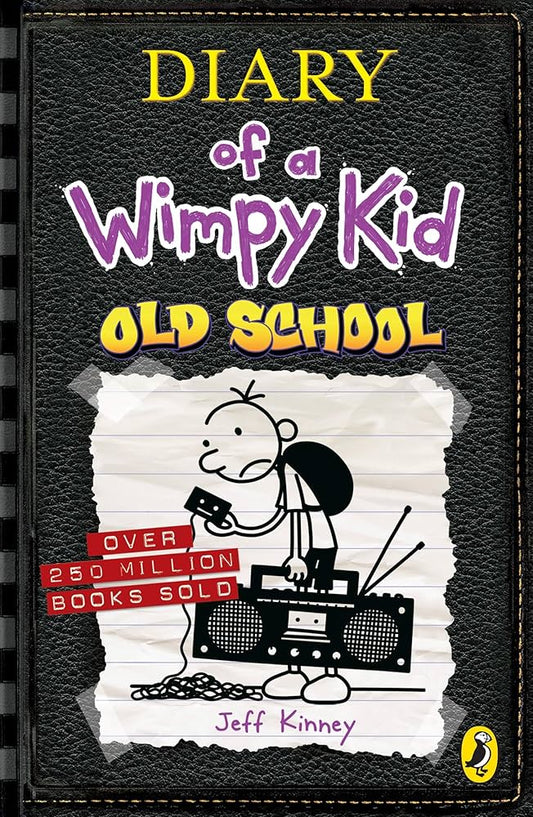 Book cover of 'Diary of a Wimpy Kid: Old School' by Jeff Kinney with cartoon character holding a boombox.