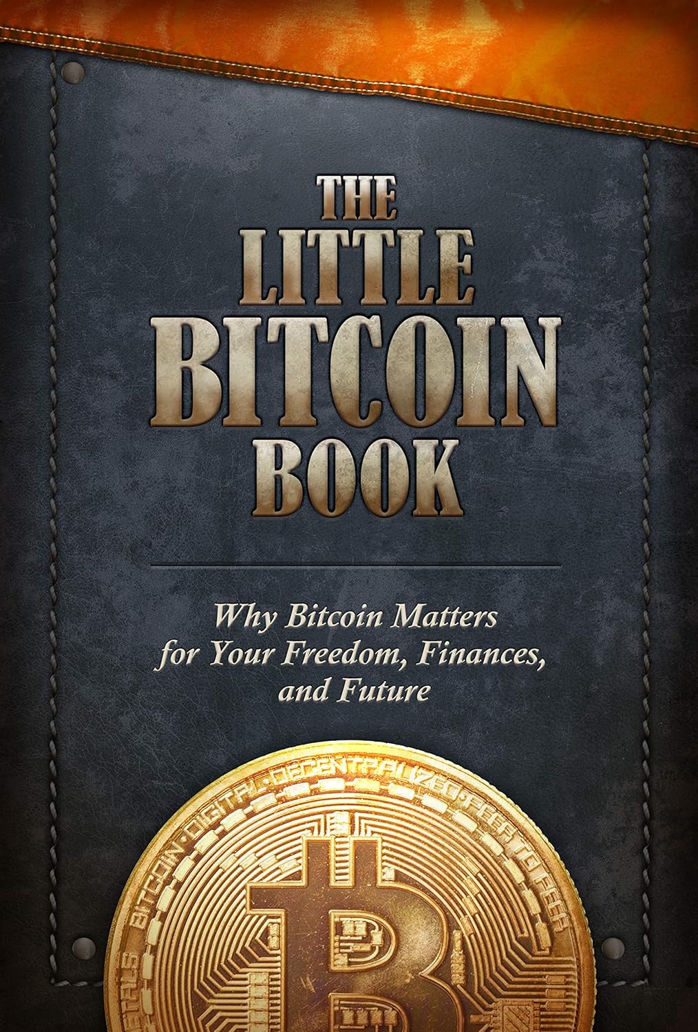 Book cover of 'The Little Bitcoin Book' with a gold coin and leather texture