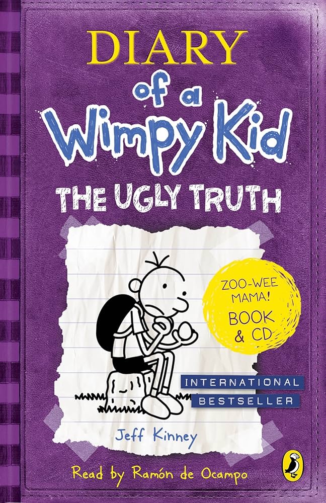 Book cover of 'Diary of a Wimpy Kid: The Ugly Truth' with a purple background and cartoon character.