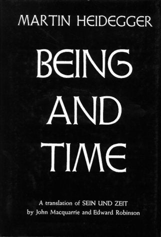 Book cover of 'Being and Time' by Martin Heidegger with a black background and white text.