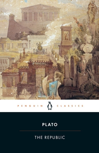 Book cover of 'The Republic' by Plato with classical architecture illustration