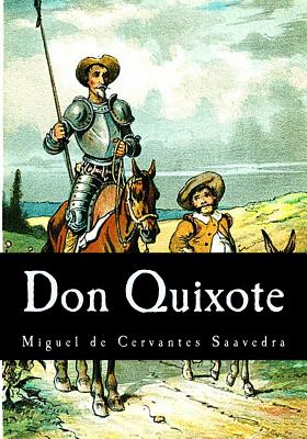 Book cover of 'Don Quixote' with a illustration of a knight on horseback and a page boy.