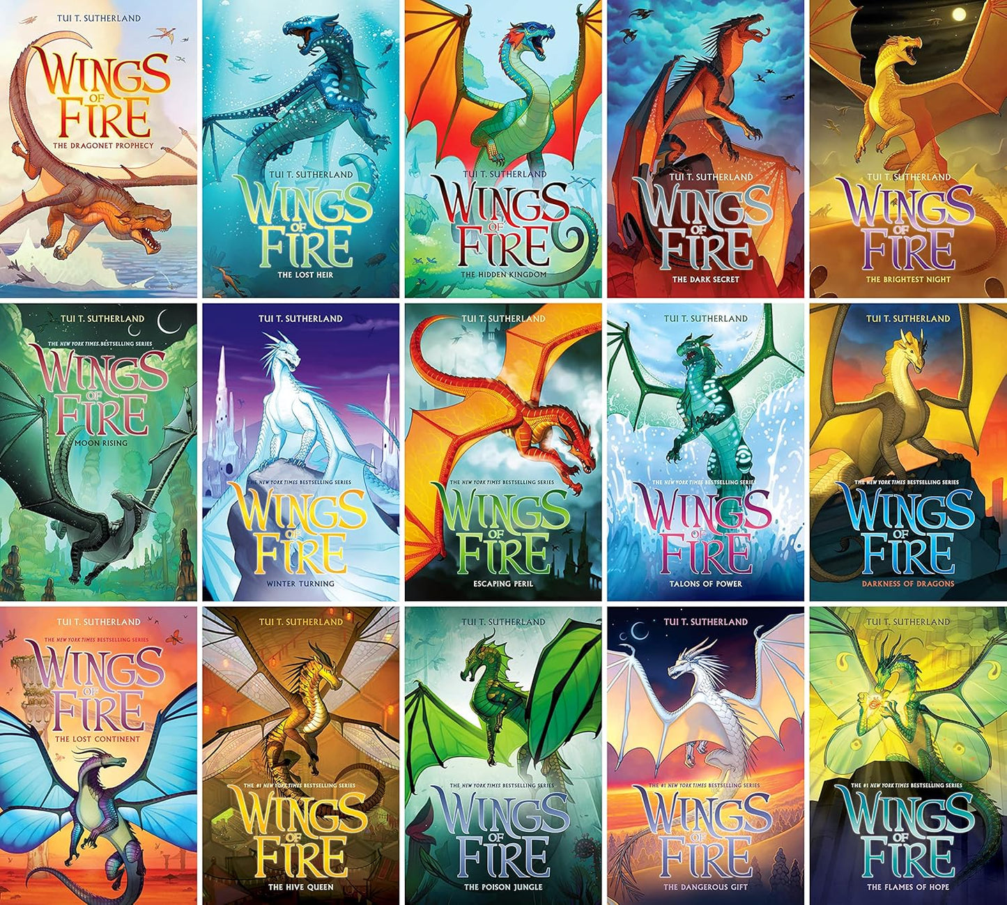 Grid of 'Wings of Fire' book covers featuring various dragons.