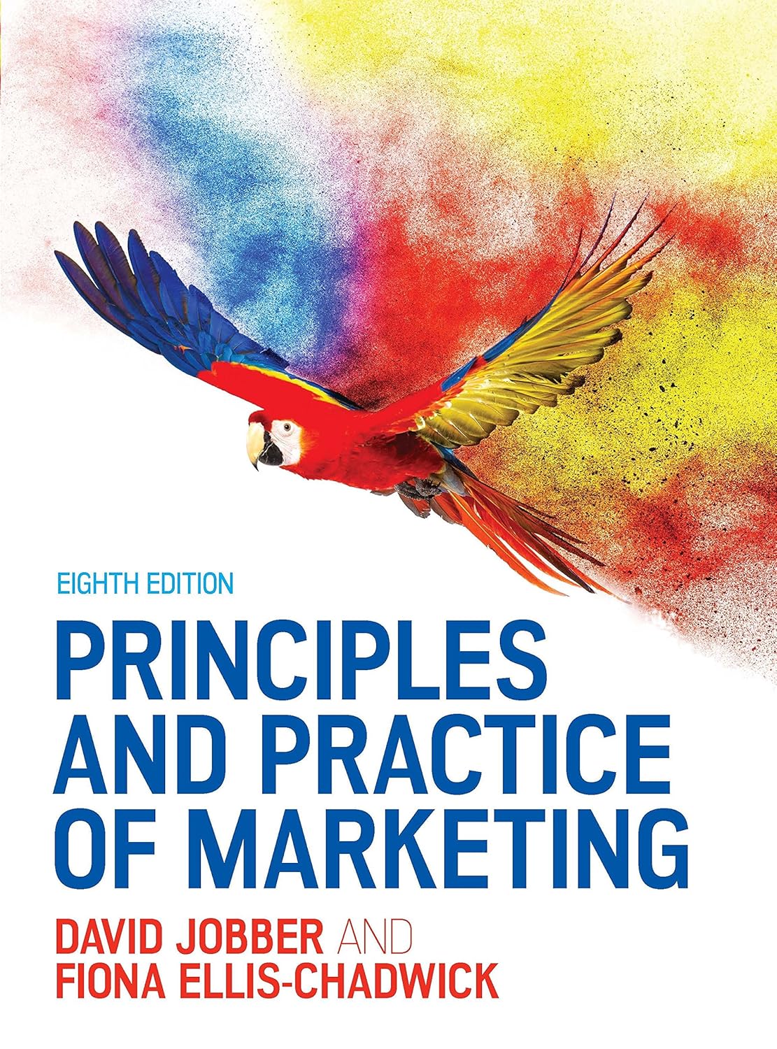Book cover of 'Principles and Practice of Marketing' with a colorful parrot illustration on a white background.