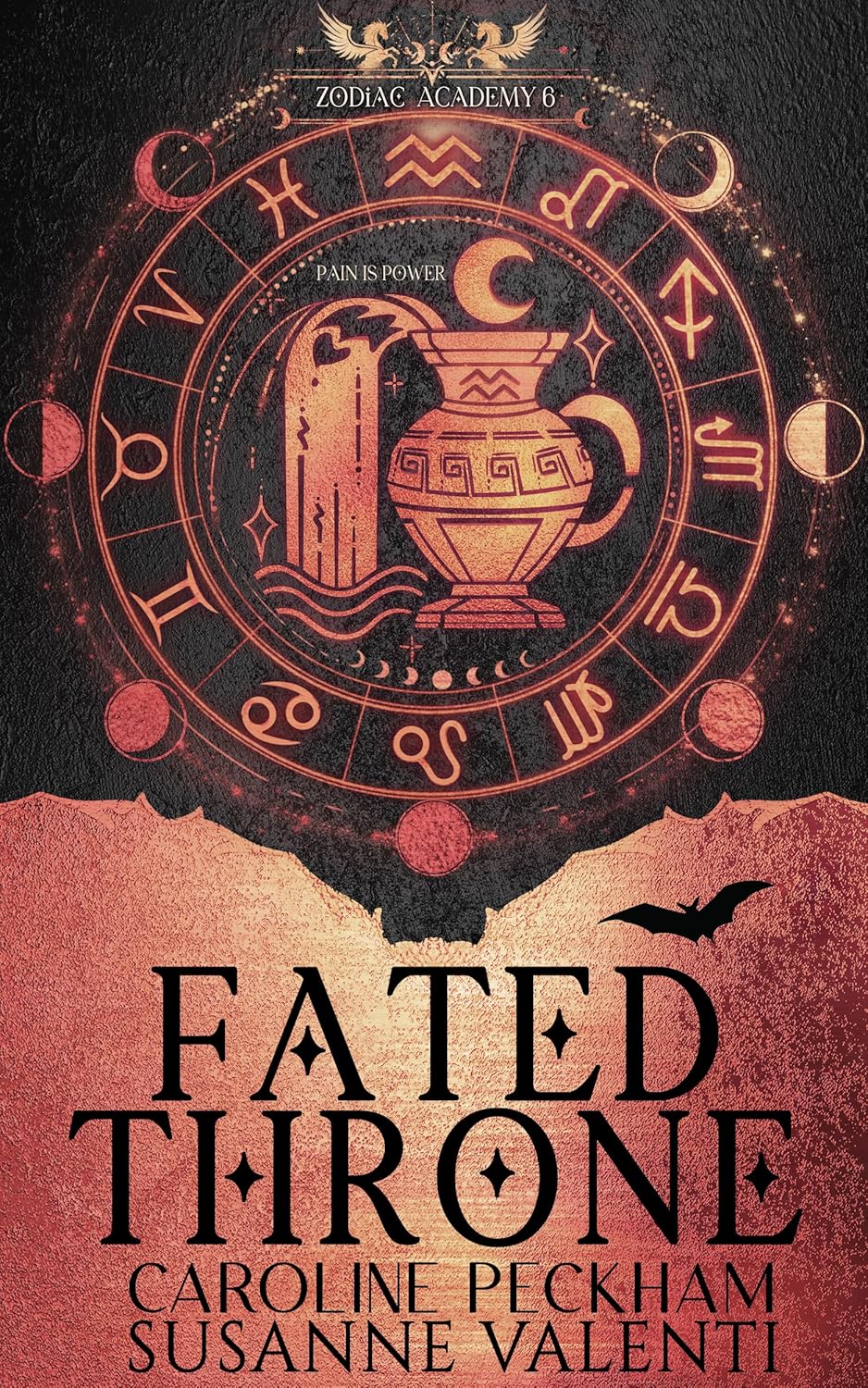 Book cover of 'Fated Throne' with zodiac symbols and a bat on a dark background