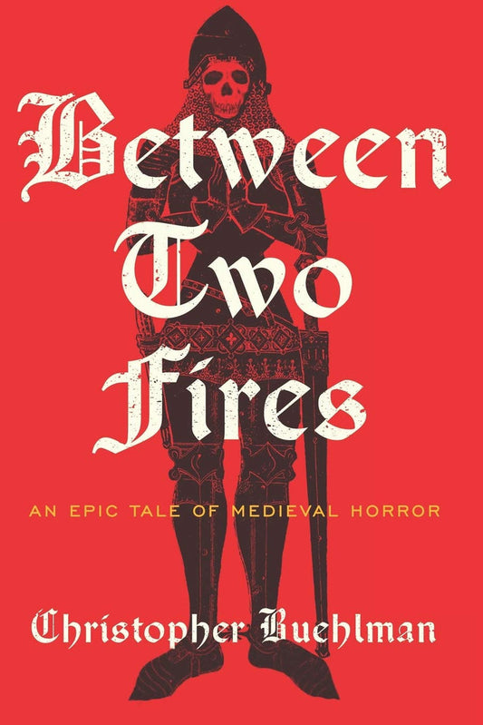 Book cover of 'Between Two Fires' with a hooded figure on a red background