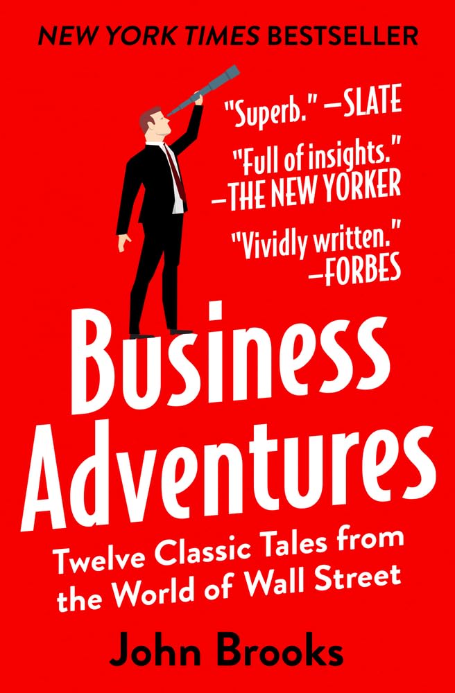 Book cover of 'Business Adventures' with a red background and text quotes.