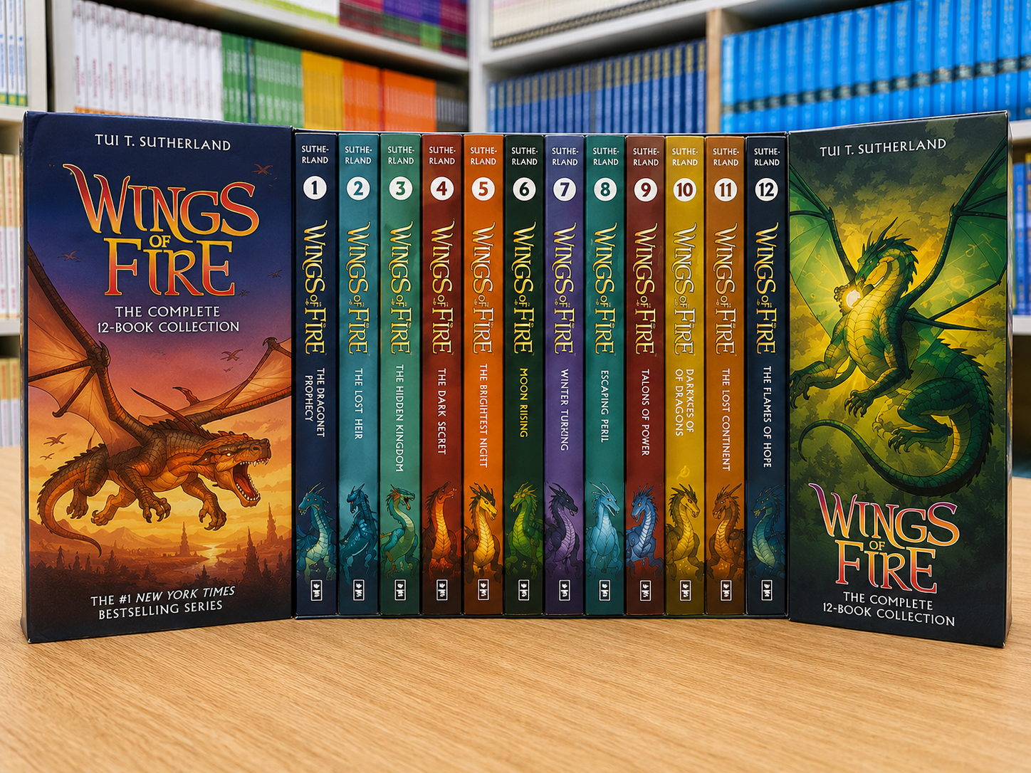 The complete 12-book collection of 'Wings of Fire' by Tui T. Sutherland, displayed upright on a wooden table with bookshelves in the background.