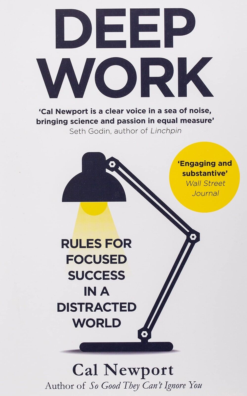 Book cover of 'Deep Work' by Cal Newport with a desk lamp illustration on a white background.
