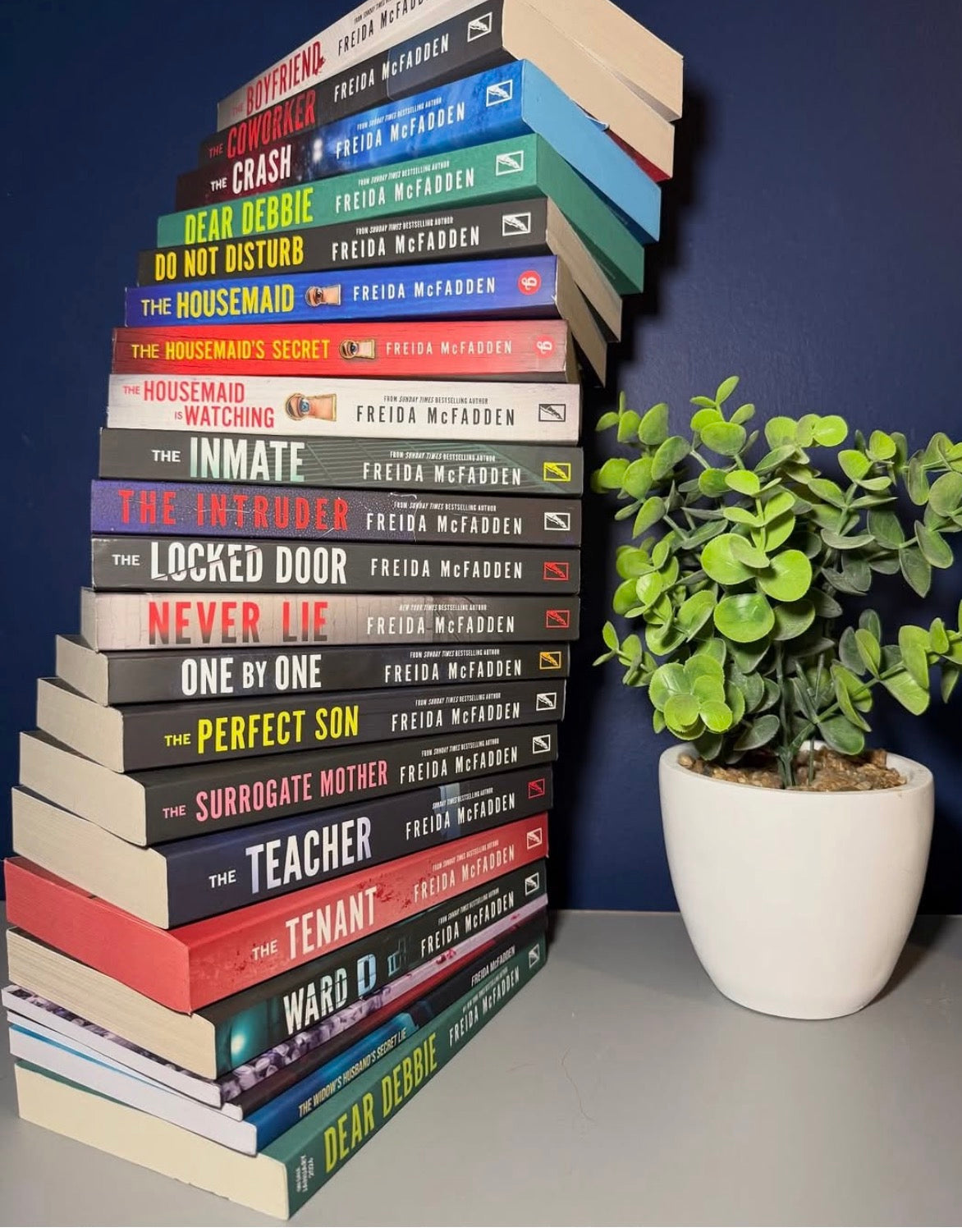 Stack of books with visible titles arranged in a pyramid shape on a surface with a plant in the background.