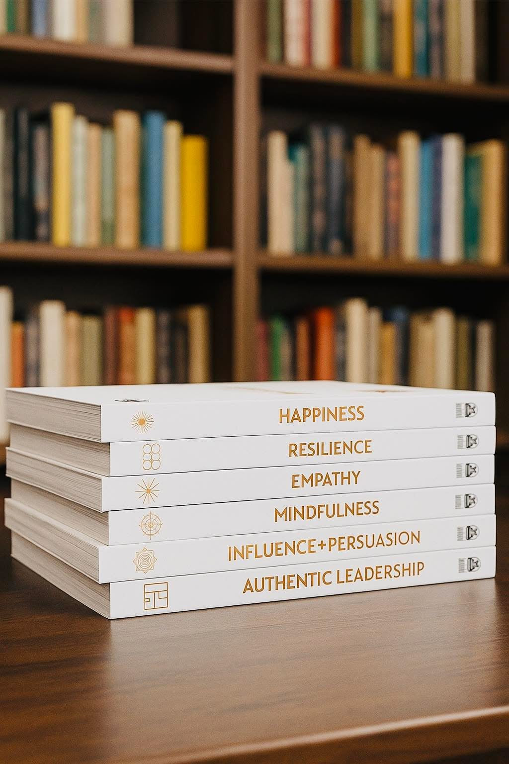 Stack of books on a wooden surface with bookshelf in the background