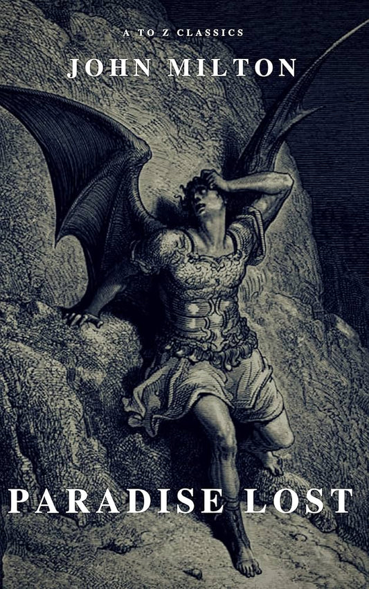Book cover of 'Paradise Lost' by John Milton featuring a winged figure against a rocky background.