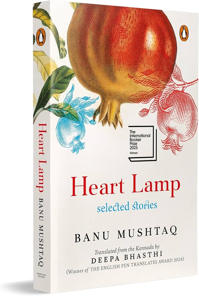 Book cover of 'Heart Lamp' by Banu Mushtaq with a pomegranate illustration on a white background