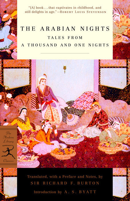 Book cover of 'The Arabian Nights' with colorful illustration of characters around a table.
