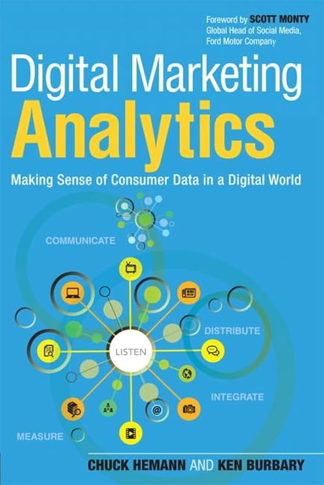 Book cover of 'Digital Marketing Analytics' with a blue background and colorful icons.