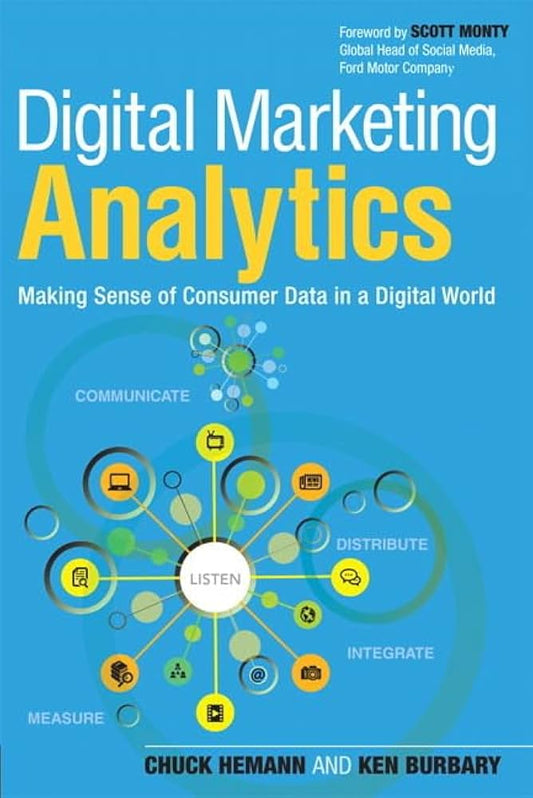 Book cover of 'Digital Marketing Analytics' with a blue background and colorful icons.