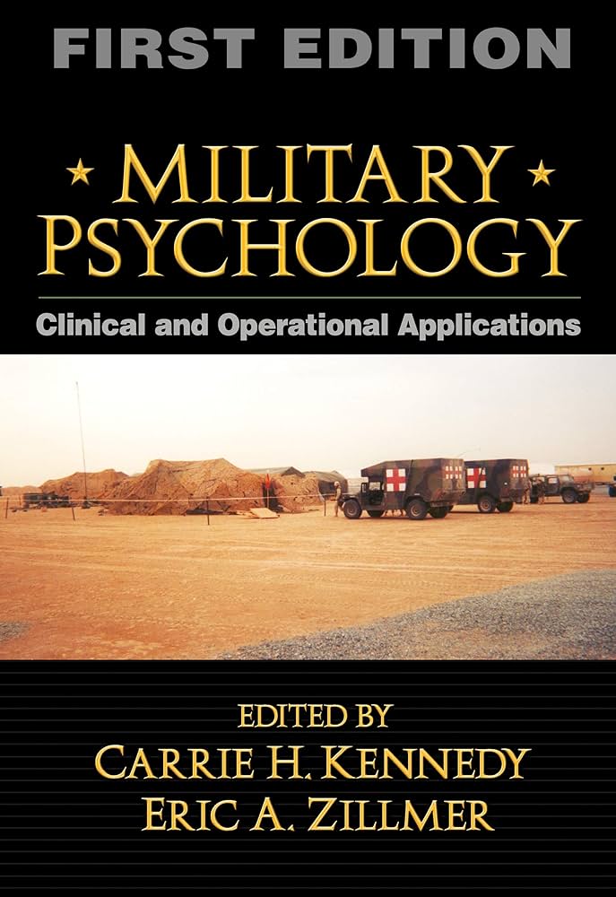 Book cover of 'Military Psychology: Clinical and Operational Applications' with a military scene on a desert base.