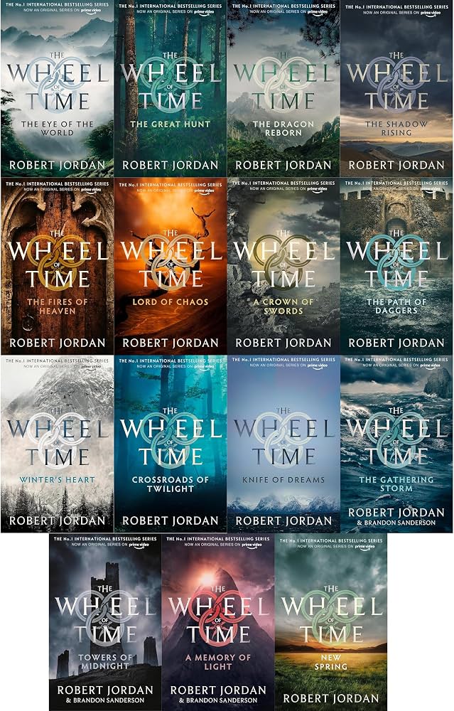 A collage of multiple book covers for Robert Jordan's 'The Wheel of Time' series, showing various book titles and backdrops in a 4x3 grid layout.