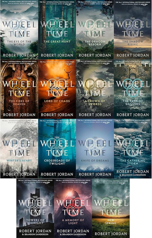 A collage of multiple book covers for Robert Jordan's 'The Wheel of Time' series, showing various book titles and backdrops in a 4x3 grid layout.