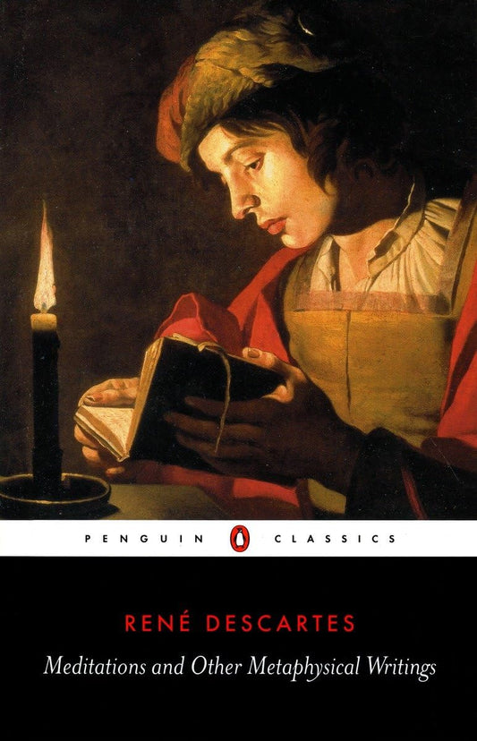 Book cover of 'Meditations and Other Metaphysical Writings' by René Descartes with a candlelit scene.