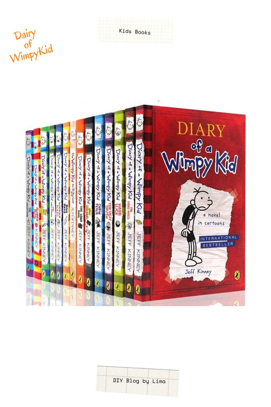 Collection of 'Diary of a Wimpy Kid' books with the red cover prominently displayed.