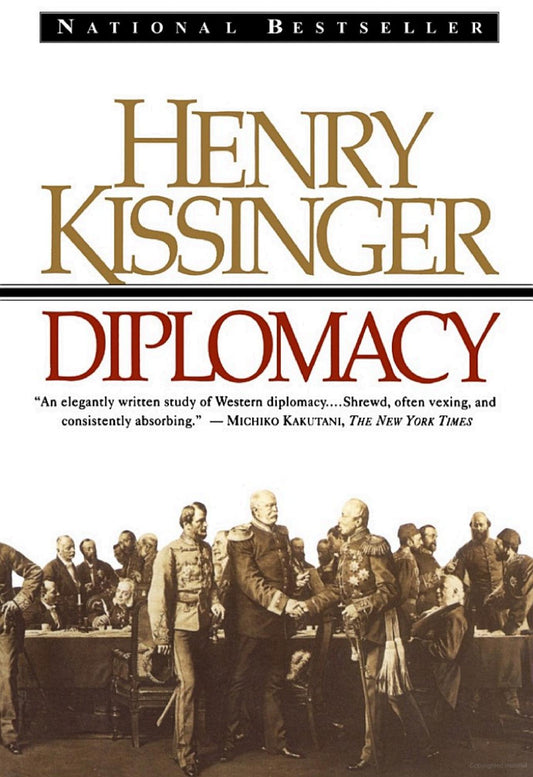 Book cover of 'Diplomacy' by Henry Kissinger with a historical scene of men in formal attire.