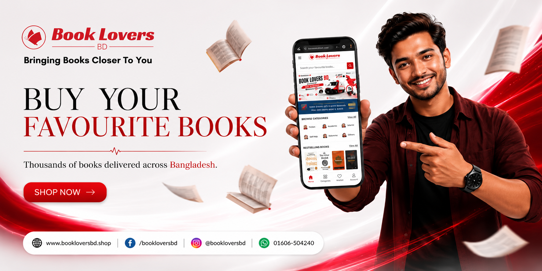 Man holding a smartphone displaying a book shopping app with Book Lovers branding.